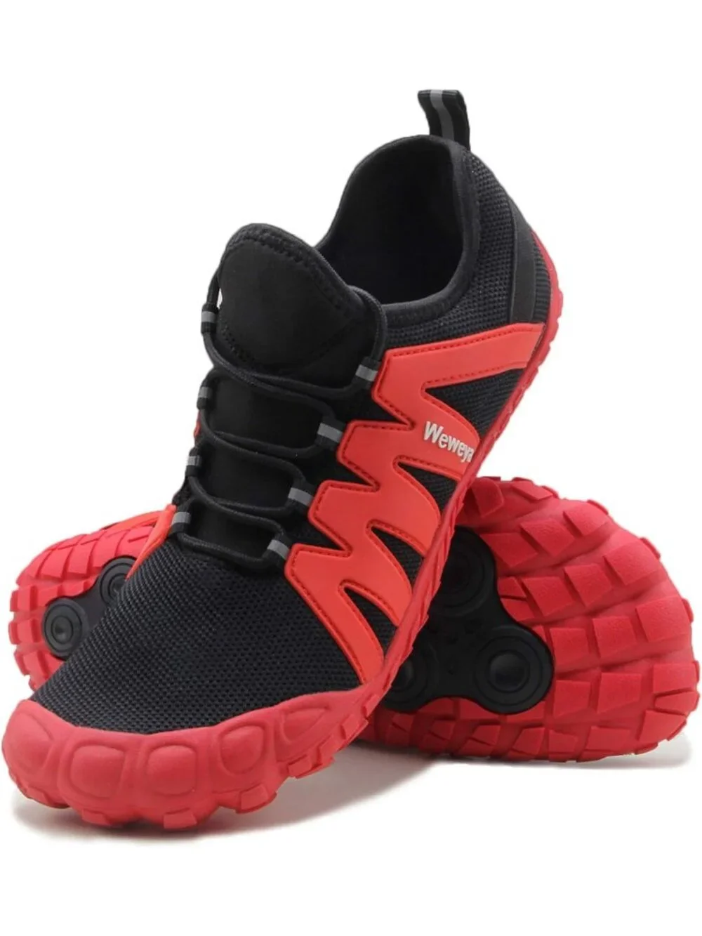 Weweya Mens Black Red Rubber Minimalist Barefoot Wide Toe Lace Up Athletic Shoes